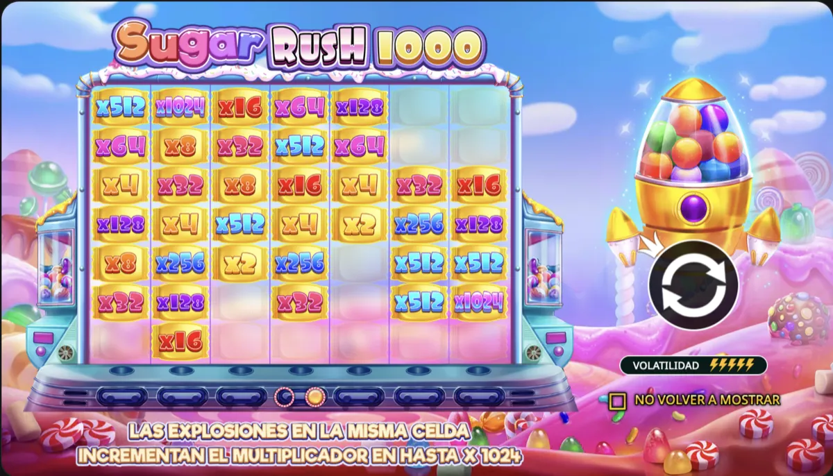Tablero de Sugar Rush 1000 mostrando multiplicadores acumulados hasta x1024