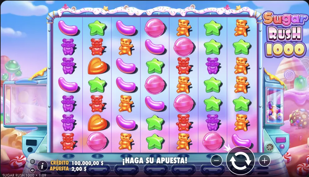 Grid 7x7 de Sugar Rush 1000 con símbolos de caramelo conectados